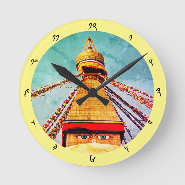 Relógio Redondo Boudhanath Stupa, vintage Himalayas, Nepal/Tibete (Frente)