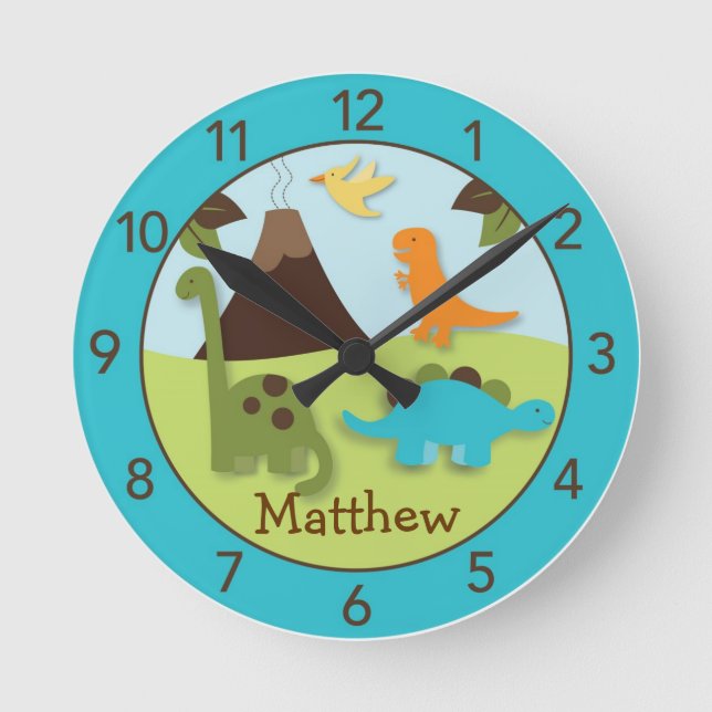 Relógio Redondo Boys Dinosaur Personalized Nursery Wall Clock (Frente)