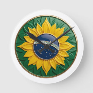 Relógio Redondo Brazil Solar Emblem - Luxury 3D National Pride Art