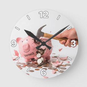 Relógio Redondo Breaking Savings Piggy Bank Financial Concept Deco