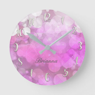 Relógio Redondo Brilho Cor-de-Rosa Glitter Bokeh Feminino Personal