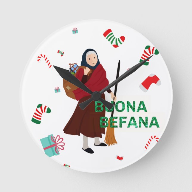 Relógio Redondo bruxa de natal buona Befana (Frente)