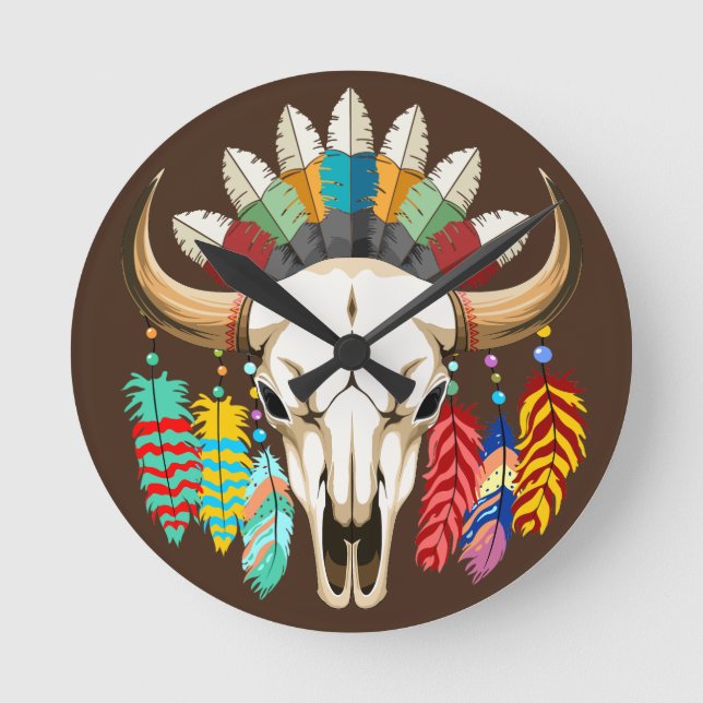 Relógio Redondo Buffalo Skull Native American Emblem (Frente)