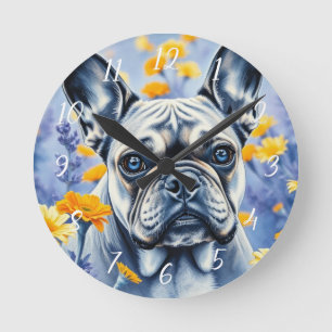 Relógio Redondo Bulldog Francês nas flores