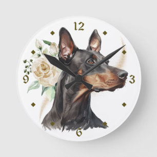Relógio Redondo Buquê de Rosa Branco Doberman Pinscher Cão