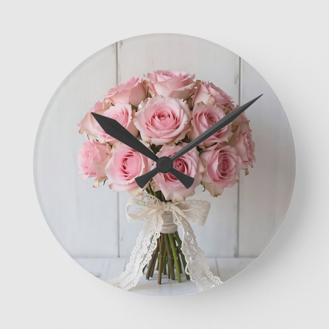 Relógio Redondo Buquê de Rosa Rosa com Renda Pérola Romântica (Frente)