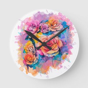 Relógio Redondo Buquê de Rosas com Pingos de Tinta em Aquarela Mod