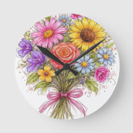 Relógio Redondo Buquê Floral - Arte no Estilo Rabiscado