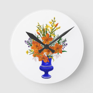 Relógio Redondo Buquê Tiger Lily em Azul Vase
