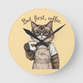 Relógio Redondo But First, Coffee Cat