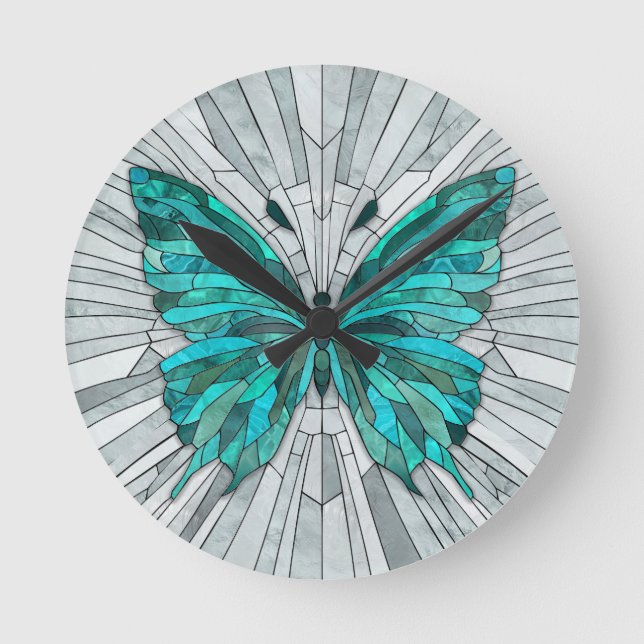 Relógio Redondo Butterfly Mosaic - Emerald Green e Cinzas (Frente)