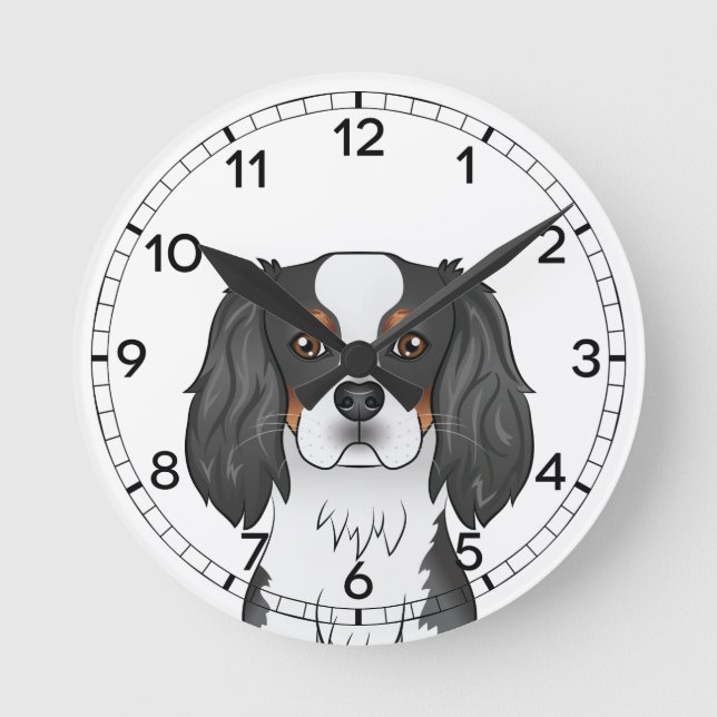 Relógio Redondo Cabeça de Cão Spaniel Cavalier King Charles Tricol (Frente)