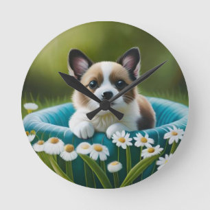 Relógio Redondo Cachorrinho fofo floral em margaridas