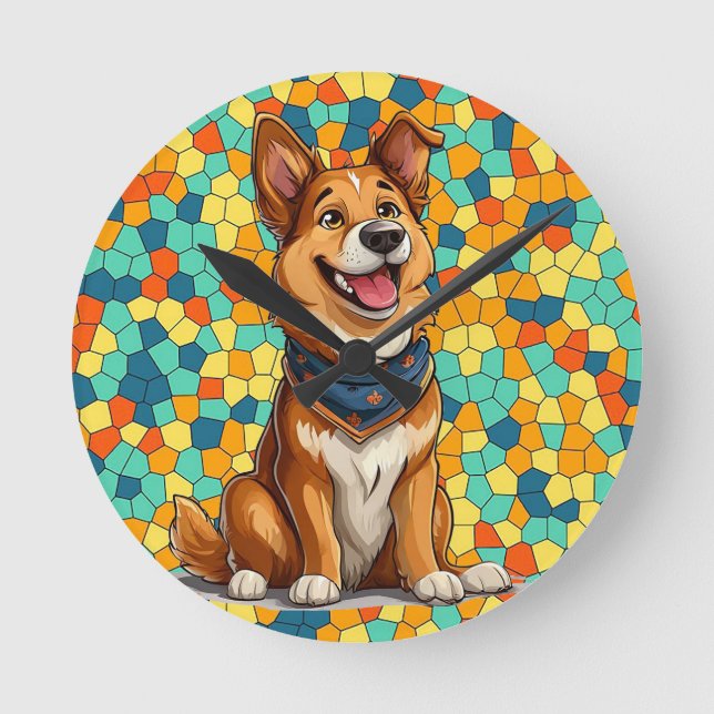 Relógio Redondo Cachorro alegre em estilo desenho animado (Frente)