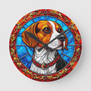 Relógio Redondo Cachorro Beagle em Arte Vibrante de Vidro Pintado