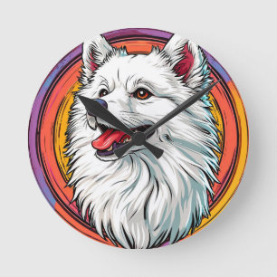 Relógio Redondo Cachorro Branco Fofinho em Estilo de Arte Vibrante