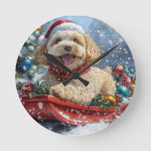 Relógio Redondo Cachorro Cockapoo no Trenó Deixe Nevar Natal