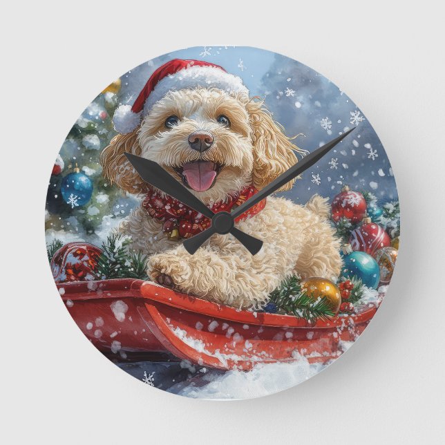 Relógio Redondo Cachorro Cockapoo no Trenó Deixe Nevar Natal (Frente)