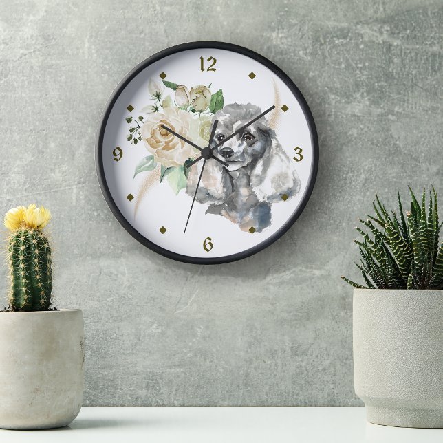 Relógio Redondo Cachorro de Buquê de Rosa Branco (Criador carregado)