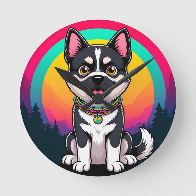 Relógio Redondo Cachorro de Desenho Animado Divertido (Frente)