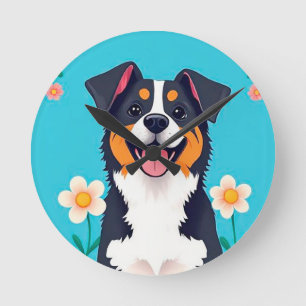 Relógio Redondo Cachorro de Desenho Animado Rodeado por Flores