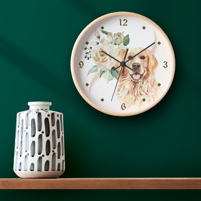 Relógio Redondo Cachorro do Retriever do Ouro de Rosa Branco (Criador carregado)