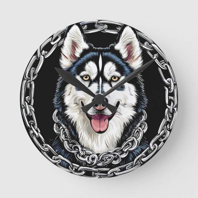 Relógio Redondo Cachorro Husky Majestoso com Cores Ousadas (Frente)