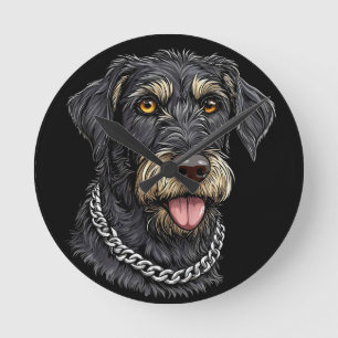 Relógio Redondo Cachorro Preto com Colar de Corrente