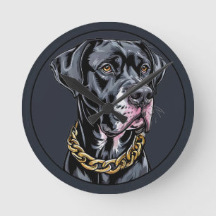 Relógio Redondo Cachorro Preto de Luxo com Corrente de Ouro