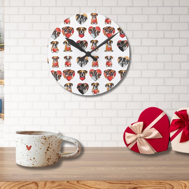 Relógio Redondo Cachorro Romântico e Namorados cardíaco (Romantic Boxer Dog and Heart Valentine Round Clock)