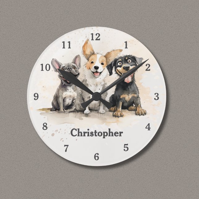 Relógio Redondo Cachorros Divertidos Aquarela Personalizado (Playful Puppy Dogs Personalized Clock with Watercolor Puppies, Boy's Name.)