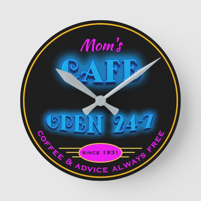 Relógio Redondo Café de mãe Aberta 24 Hrs Faux Retro Blue Neon - (Frente)