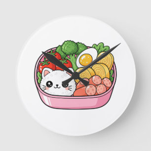 Relógio Redondo Caixa de Bento de Gato Kawaii Fofa