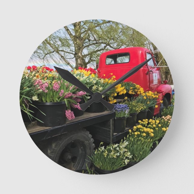 Relógio Redondo Caminhão Vermelho com Flores de primavera e Arco-Í (Frente)