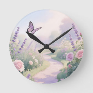 Relógio Redondo Caminho da Borboleta no Jardim de Rosas Lavanda So