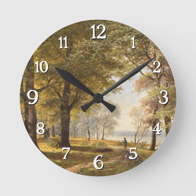 Relógio Redondo Caminho da Floresta com Hiker no outono (Frente)