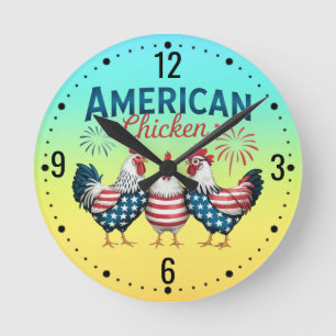 Relógio Redondo Camiseta Patriótica Americana de 4 de Julho Frango