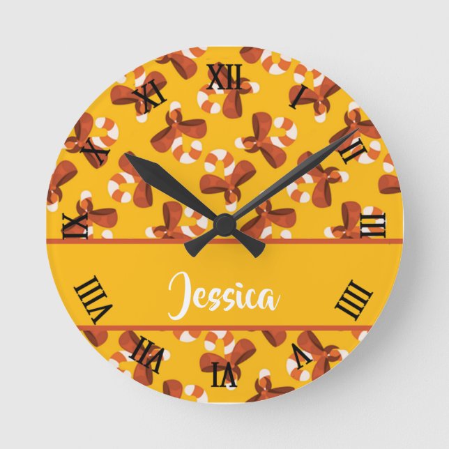 Relógio Redondo Cana doce embrulhada com padrão de arco vermelho (Frente)