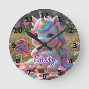 Relógio Redondo Candy Picnic Unicorn Wall Clock - Nome Editável