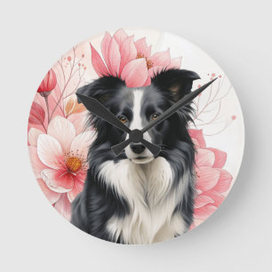 Relógio Redondo Cão Border Collie e Lírios Rosa Ousados