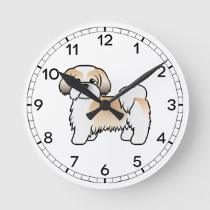 Relógio Redondo Cão De Cartoon Dourado E Branco Shih Tzu