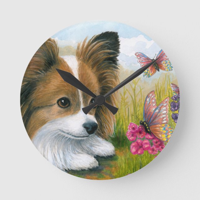 Relógio Redondo Cão de Papillon do cão 123 com borboletas (Frente)
