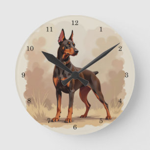 Relógio Redondo Cão Doberman Pinscher Marrom Ferrugem Vermelho