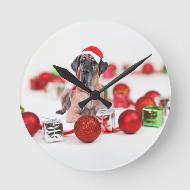 Relógio Redondo Cão Dogue Alemão com Enfeites de Natal Presentes (Frente)