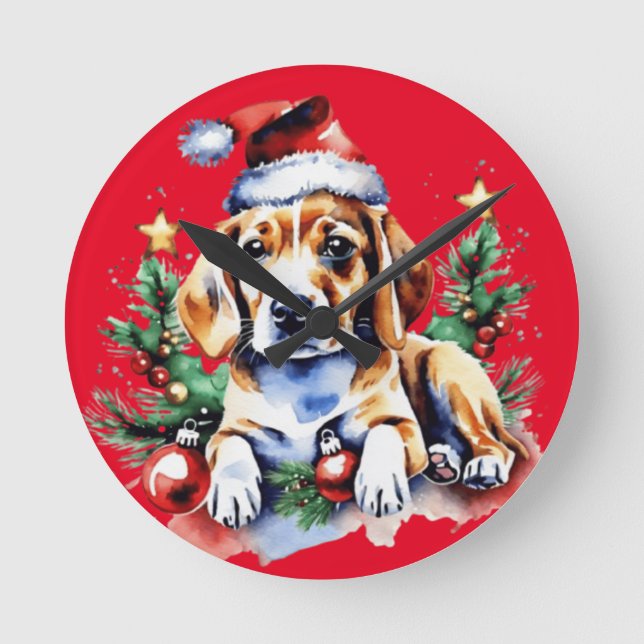 Relógio Redondo Cãozinho bonitinho de Natal (Frente)