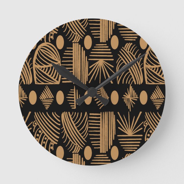 Relógio Redondo Caribe Tribal Mudcloth: Preto, Dourado (Frente)