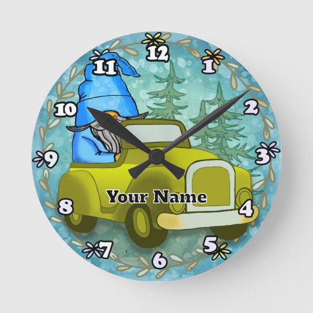 Relógio Redondo Carro de condução Gnomo (Frente)