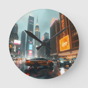 Relógio Redondo Carros da cidade de arranha-céu Cyberpunk
