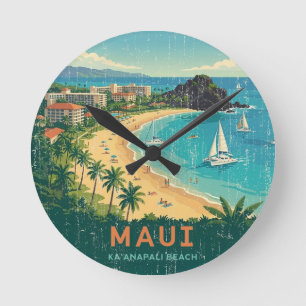 Relógio Redondo Cartazes de Viagens Havaianos Antigos - Maui