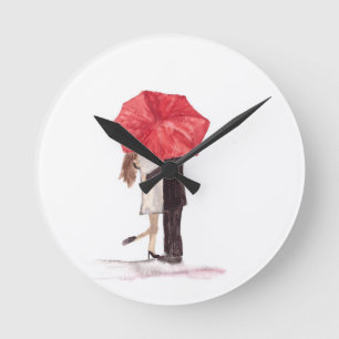 Relógio Redondo Casal apaixonado por um guarda-chuva vermelho
